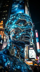 Futuristic Liquid Metal Statue in New York City at Night