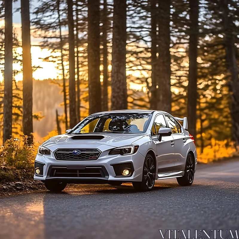 Car in Forest at Sunset AI Image