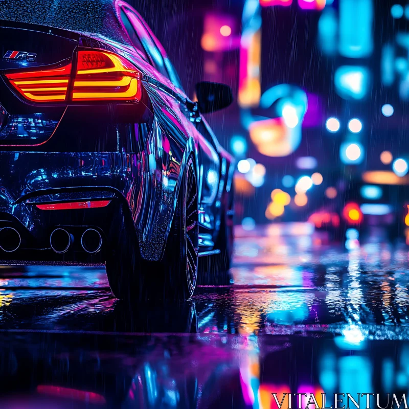 Sleek Car in Neon-Lit Rainy Cityscape AI Image