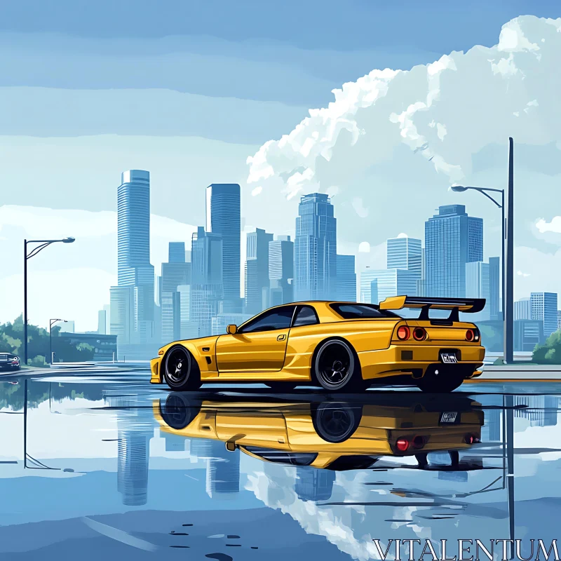 Urban Reflection with Yellow Car AI Image