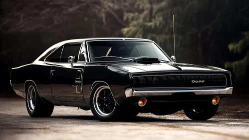 Vintage Black Muscle Car in Nature Setting