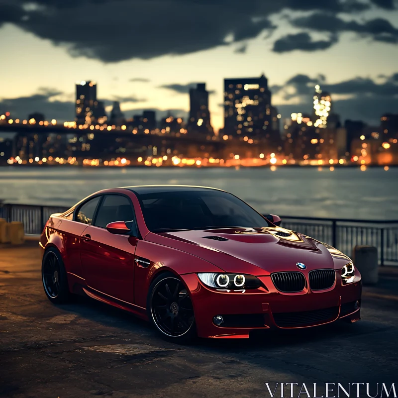 Luxury Red Sportscar Near City Waterfront in Evening AI Image