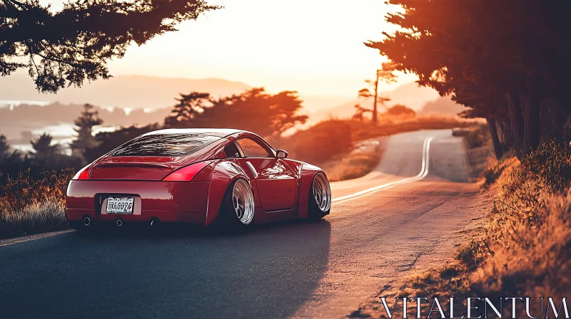 Stunning Red Car Against a Picturesque Sunset AI Image