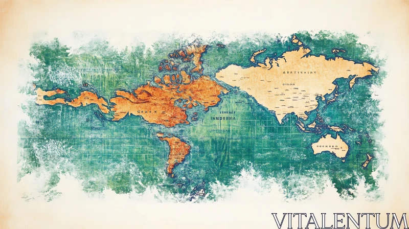 Vintage World Map with Watercolor Effect AI Image