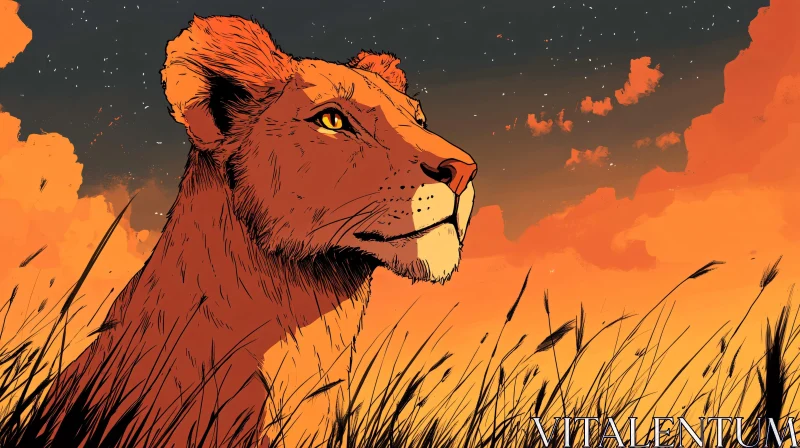 Lioness Silhouette in Fiery Sky AI Image