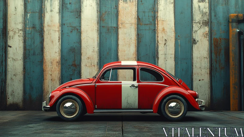 Classic Red and White Car Beside Peeling Wall AI Image