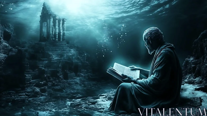 Mystery Reader in Underwater Ancient Ruins AI Image