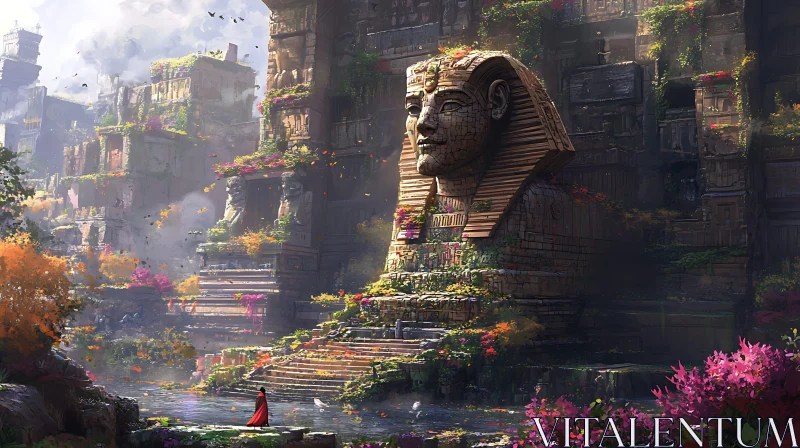 Sphinx Statue in Overgrown Ancient City AI Image