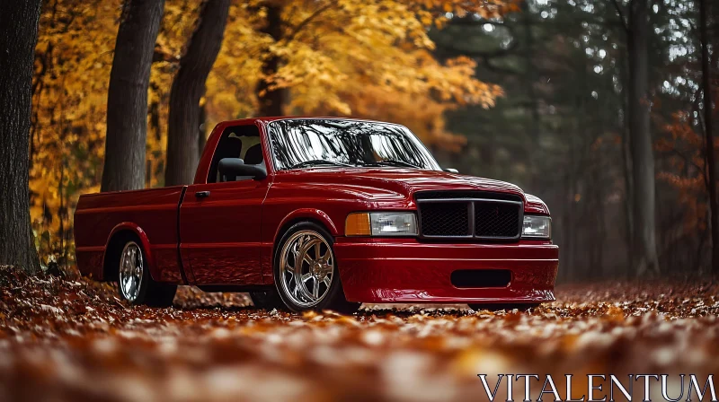 AI ART Classic Red Truck in Autumn Forest