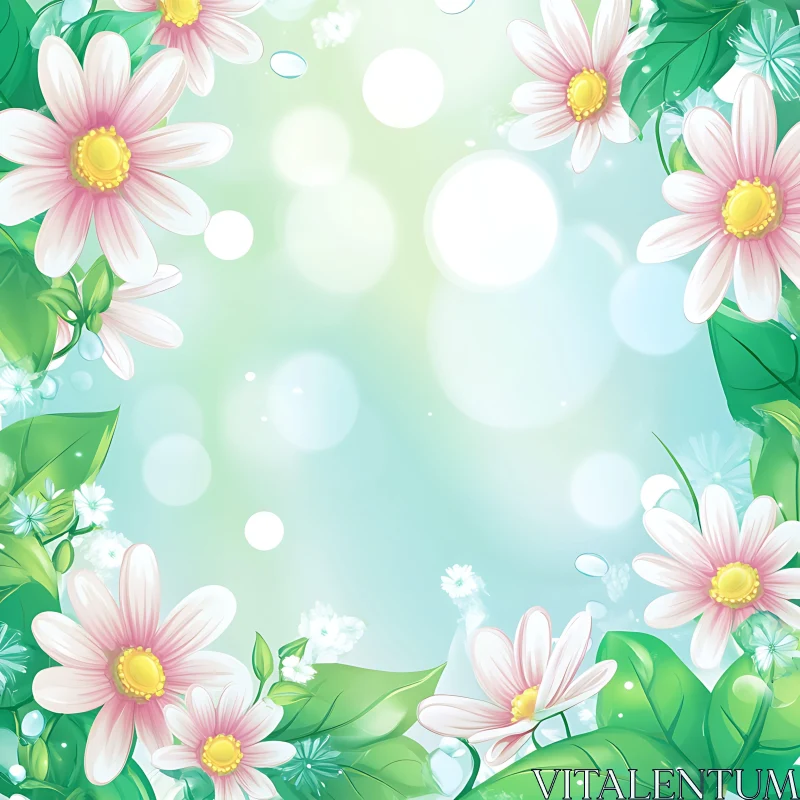 AI ART Delicate Pink Flowers and Green Leaves Illustration