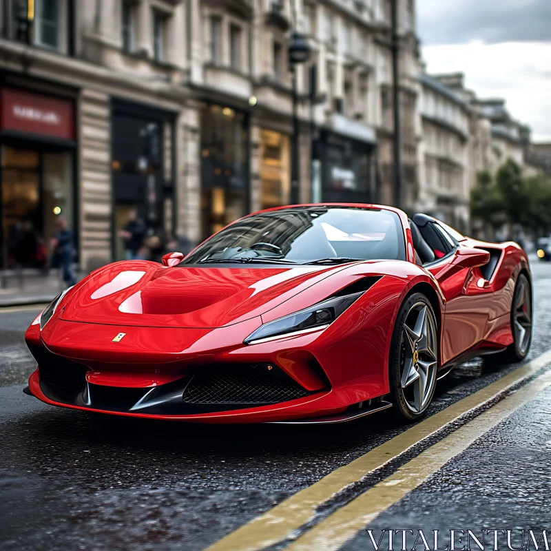 Luxury Red Sports Car in Urban Setting AI Image