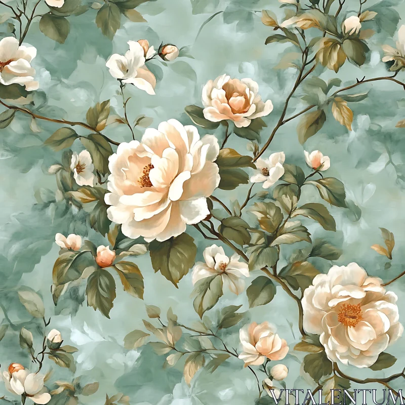 Soft Floral Composition on Pastel Green Background AI Image