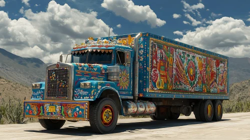 Colorful Artistic Truck Against Mountainous Backdrop