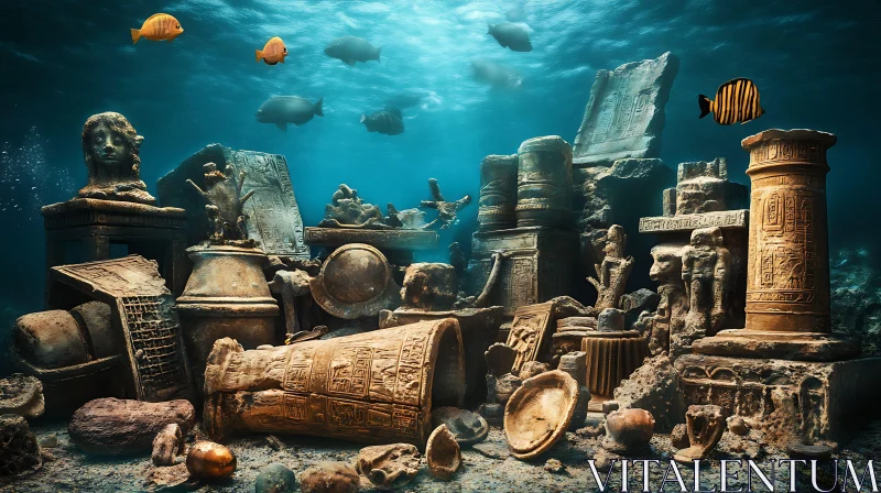 Submerged Ancient Ruins with Artifacts and Fish AI Image