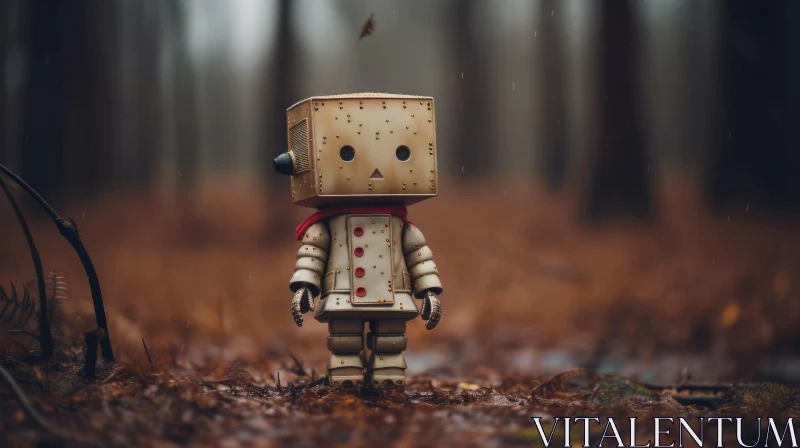 Emotive Forestpunk Art: Toy Robot in the Rainy Woods AI Image