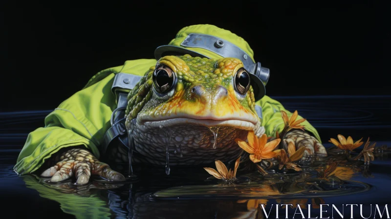Frog in Green Jacket Amidst Flowers: A Detailed Marine Style Painting AI Image