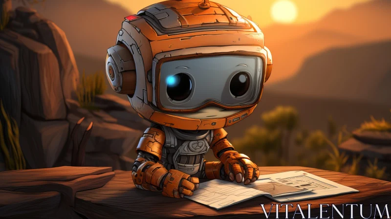 Reading Robot in a Desert: A 2D Game Art Illustration AI Image