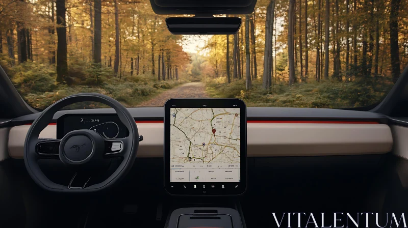 Car Interior Featuring Navigation and Forest Scenery AI Image
