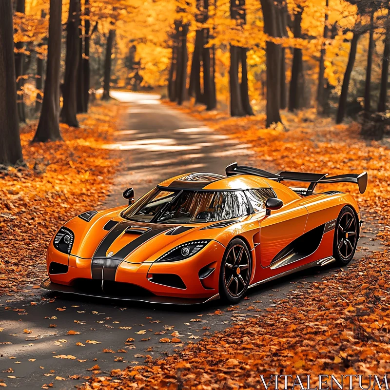 Orange Supercar Amidst Autumn Leaves AI Image