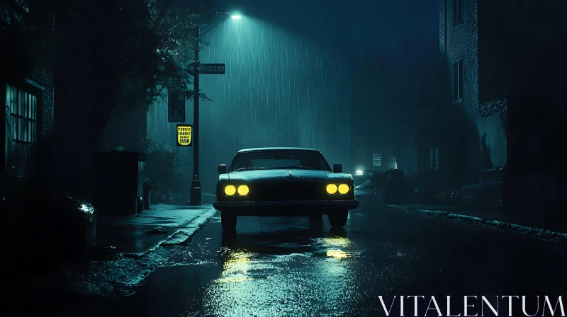 Eerie Urban Scene with Rain and Car at Night AI Image