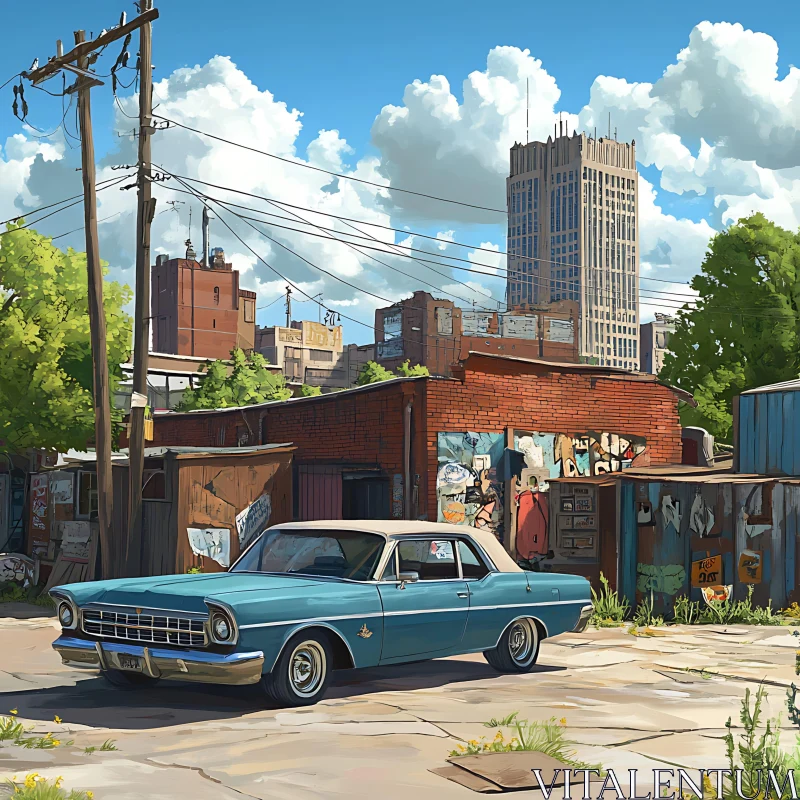 Classic Urban Scene with a Blue Car and Street Art AI Image