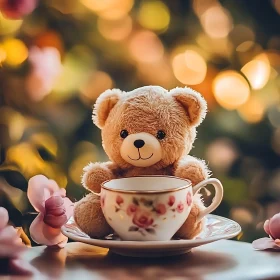 Adorable Plush Bear in Teacup and Warm Bokeh Background