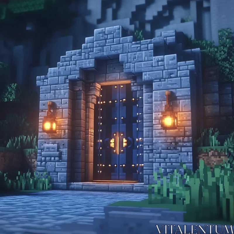 Mystic Castle Entrance with Lantern Light AI Image