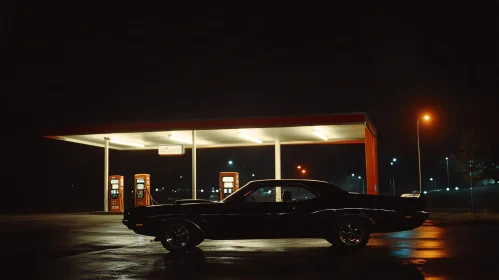 Nighttime Scene of Muscle Car at Gas Station