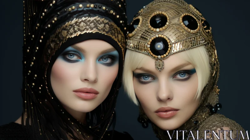 Fashion Photography: Two Women with Head Wear and Jewelry AI Image