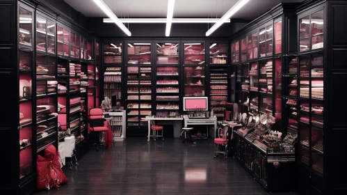 Immersive Makeup Room with Black Shelves and Pink Accents