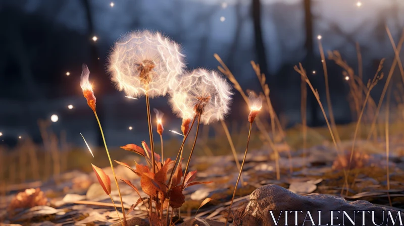 Luminous Dandelion Candles in an Atmospheric Woodland AI Image