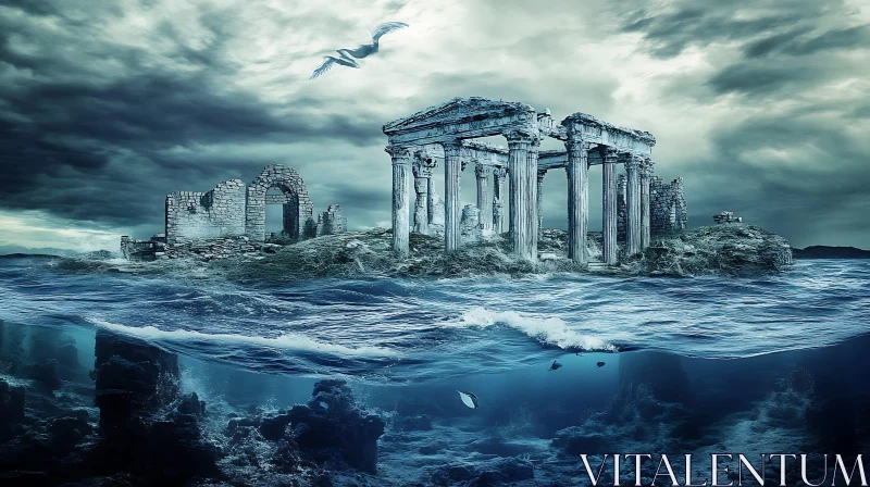 Partially Submerged Ancient Greek Ruins AI Image