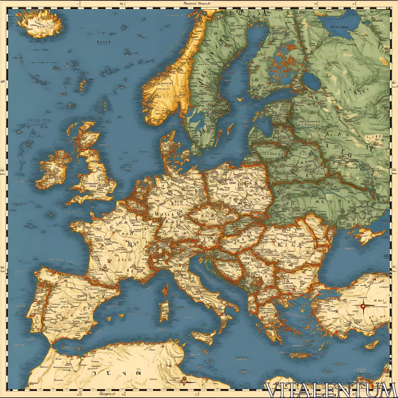 Vintage European Map with Historical Details AI Image