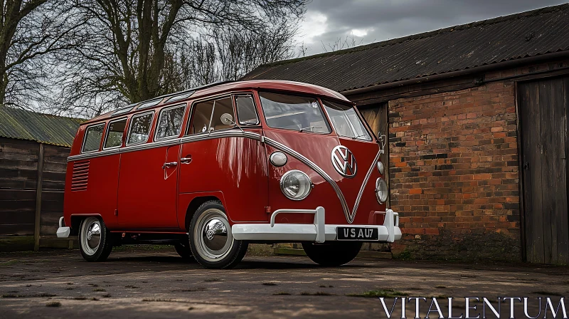 Classic Red VW Van Near Old Barn AI Image