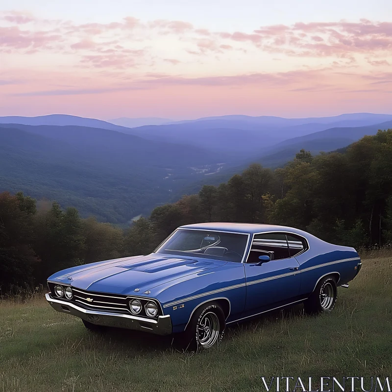 Vintage Blue Car with Sunset Mountain View AI Image