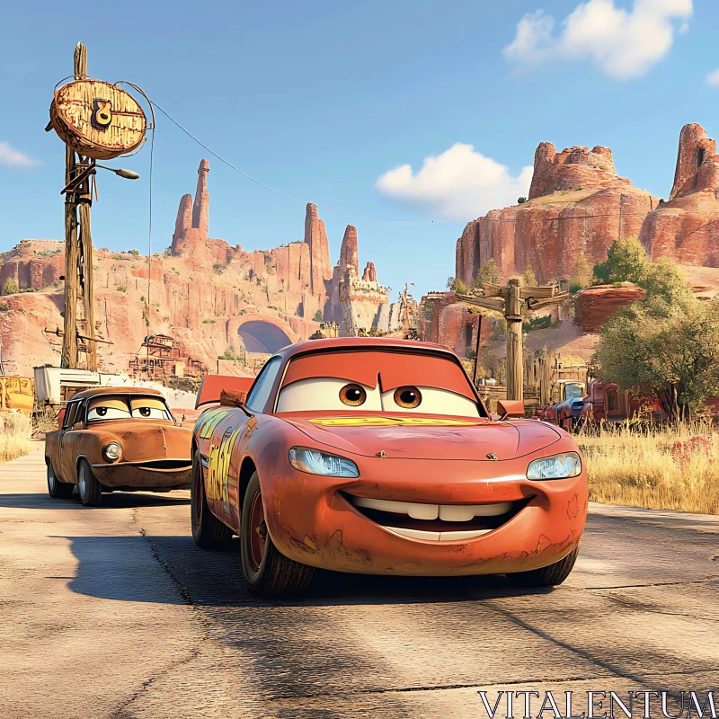 Expressive Animated Cars on Desert Road AI Image