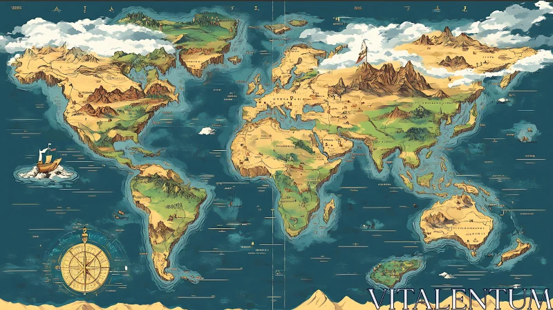 Antique World Map Illustration AI Image