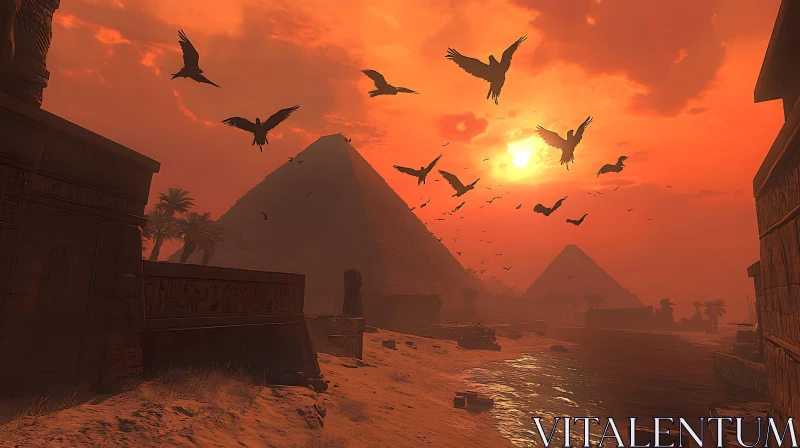 Sunset Over Egyptian Pyramids with Birds Soaring AI Image