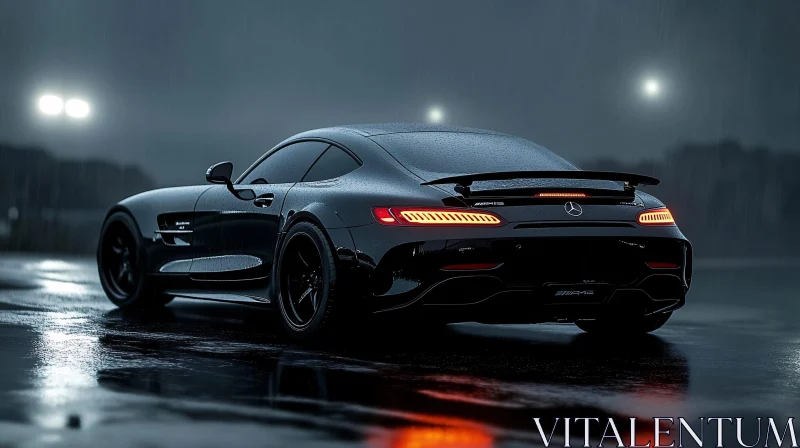 Night Scene of Black Sports Car with Illuminated Tail Lights AI Image