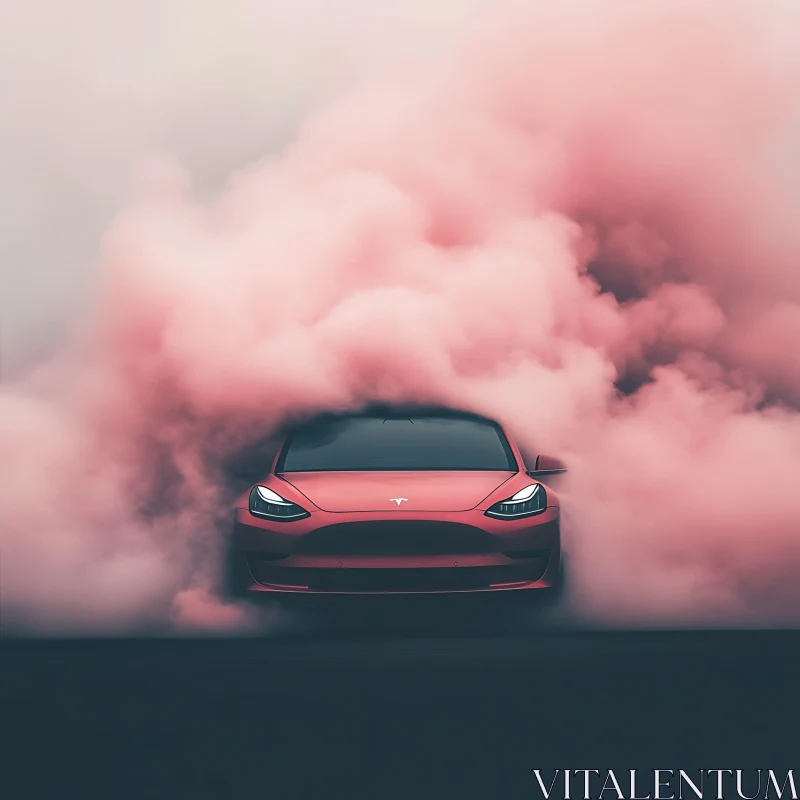 Futuristic Red Car in Pink Smoke AI Image