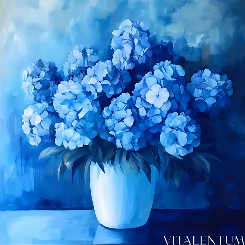 AI ART Blue Hydrangea Floral Art in White Vase