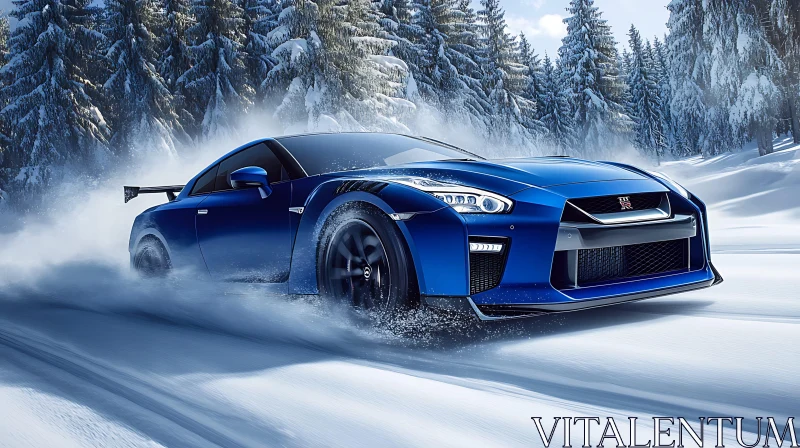 High-Speed Blue Car in Winter Wonderland AI Image