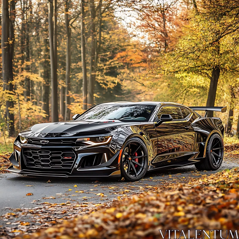 Luxury Black Car Amidst Fall Foliage AI Image