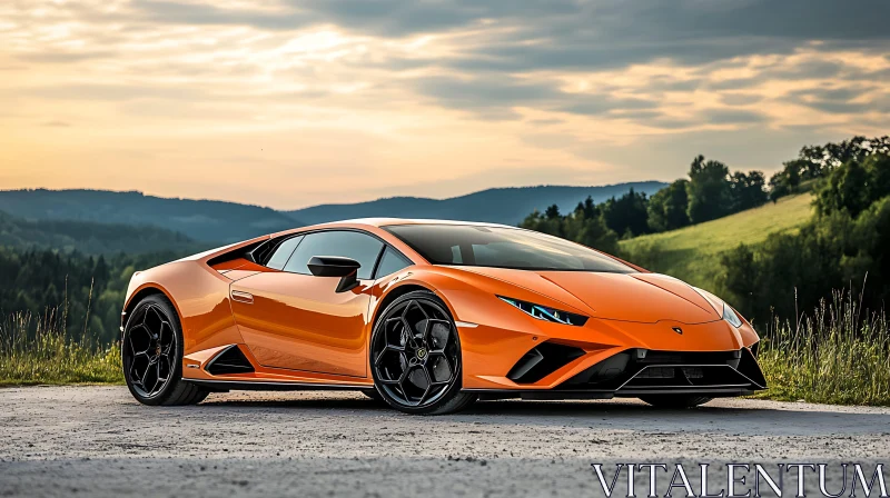 Luxury Orange Supercar Amidst Hills at Sunset AI Image