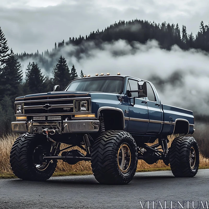 Lifted Blue Truck with Rugged Tires in Forest Setting AI Image