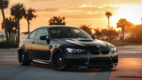 Luxury Black BMW with Sunset and Palm Trees