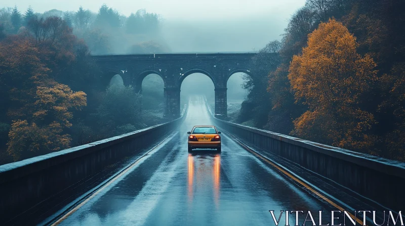 Car Driving Under Arched Bridge in Autumn Mist AI Image