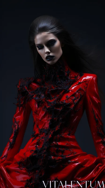 Black Gothic Portrait of a Female in Red Makeup - Neo-plasticist Art AI Image