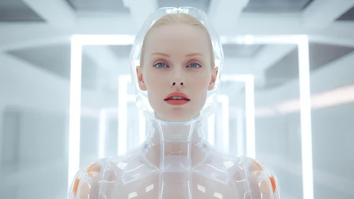 Clear Woman in Transparent Robot Suit | Futuristic Architecture