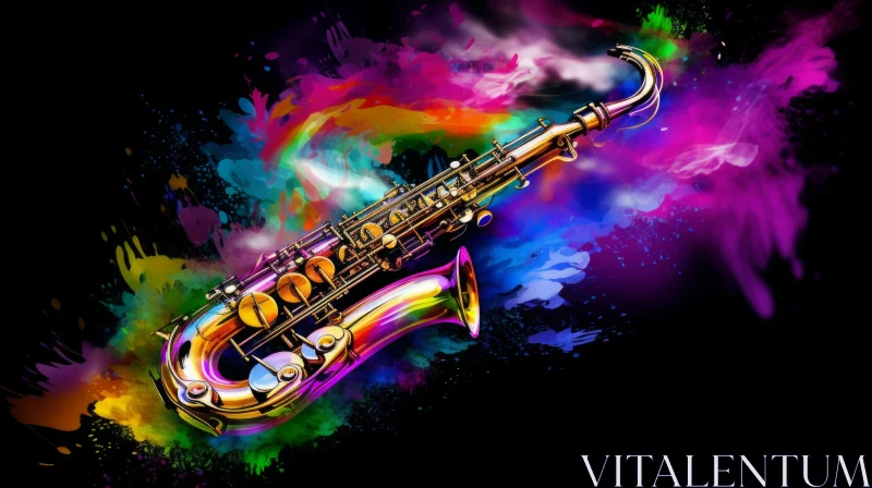 Colorful Saxophone Artwork on Smoky Black Background AI Image